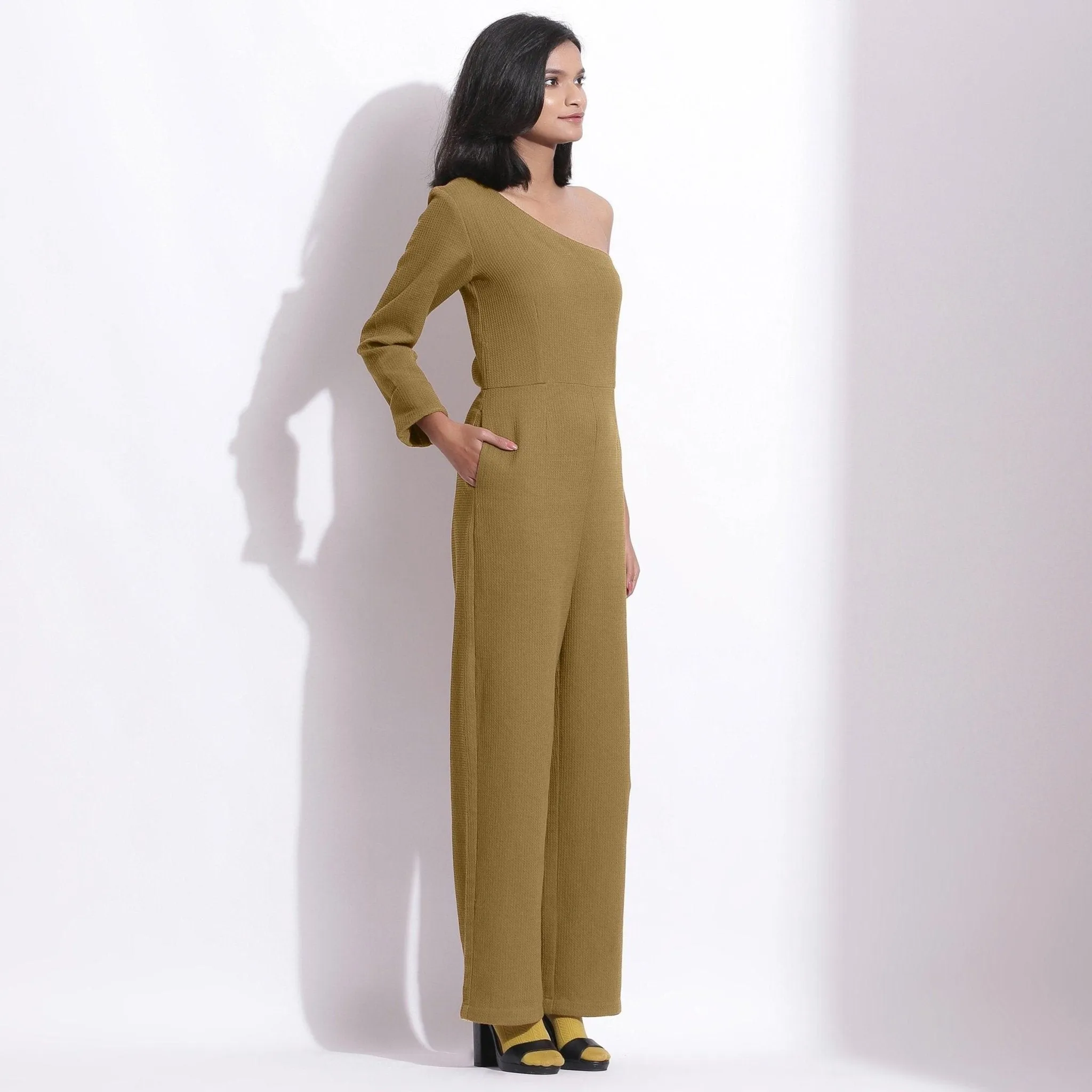 Olive Green Warm Cotton Waffle Ankle Length One-Shoulder Jumpsuit