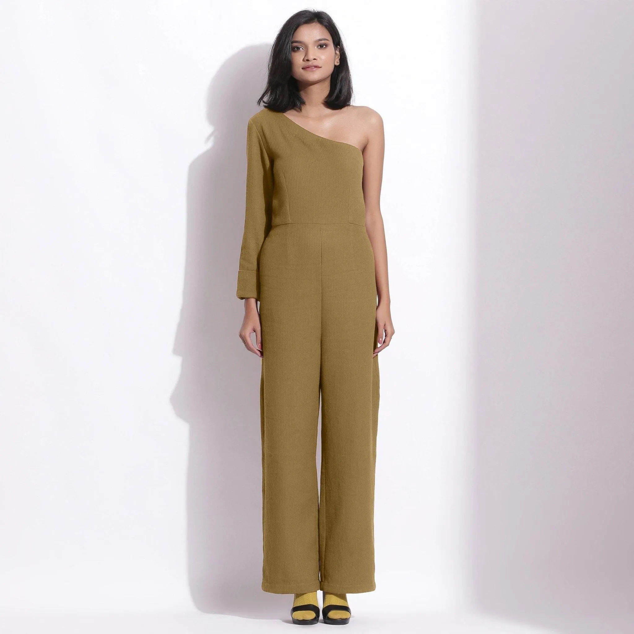 Olive Green Warm Cotton Waffle Ankle Length One-Shoulder Jumpsuit