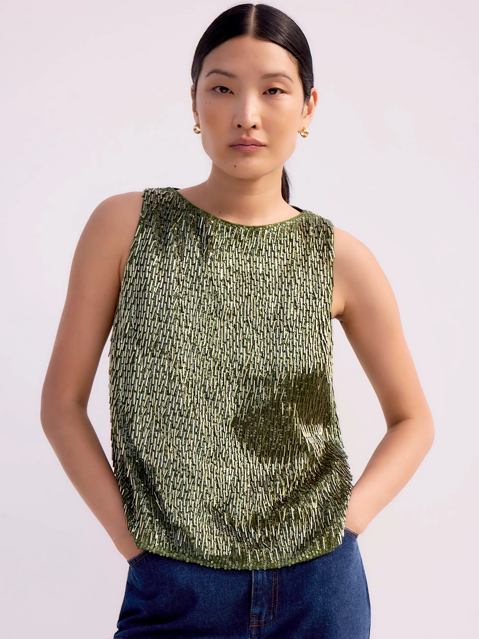 Olive-Green Sequinned Bead-Embellished Top