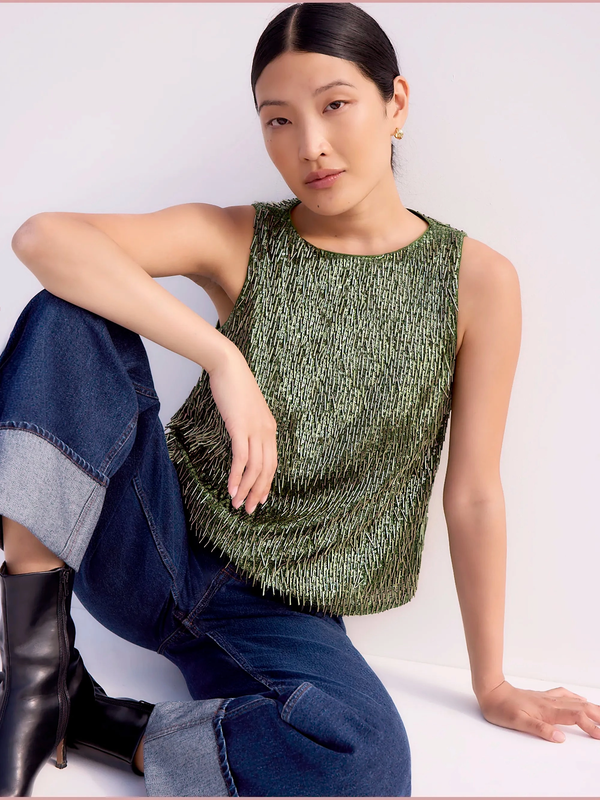 Olive-Green Sequinned Bead-Embellished Top
