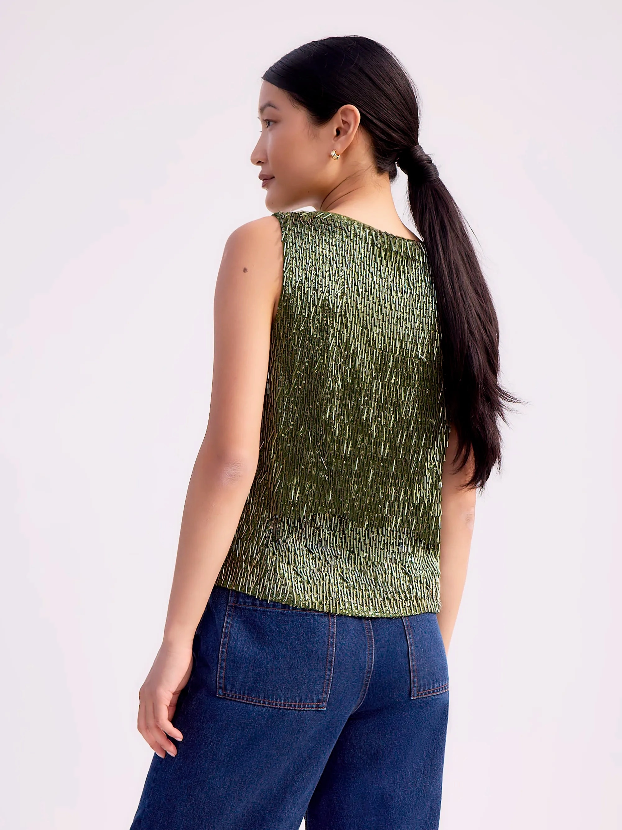 Olive-Green Sequinned Bead-Embellished Top