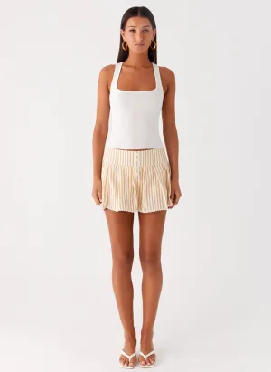 Oliviana Pleated Mini Skort - Taupe Stripe Oliviana Pleated Mini Skort - Taupe Stripe