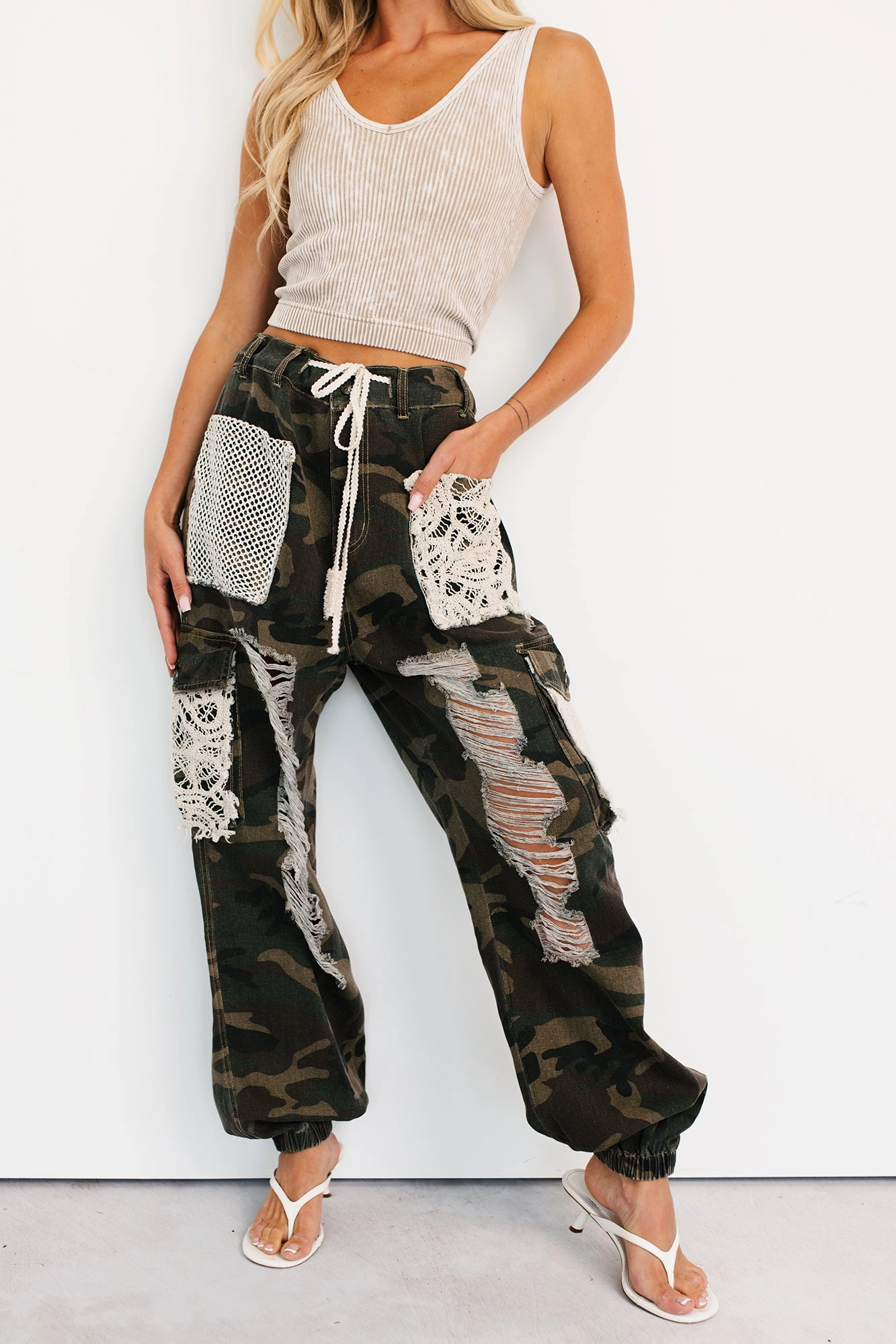 On Duty Cutie Distressed Cargo POL Joggers (Camo)