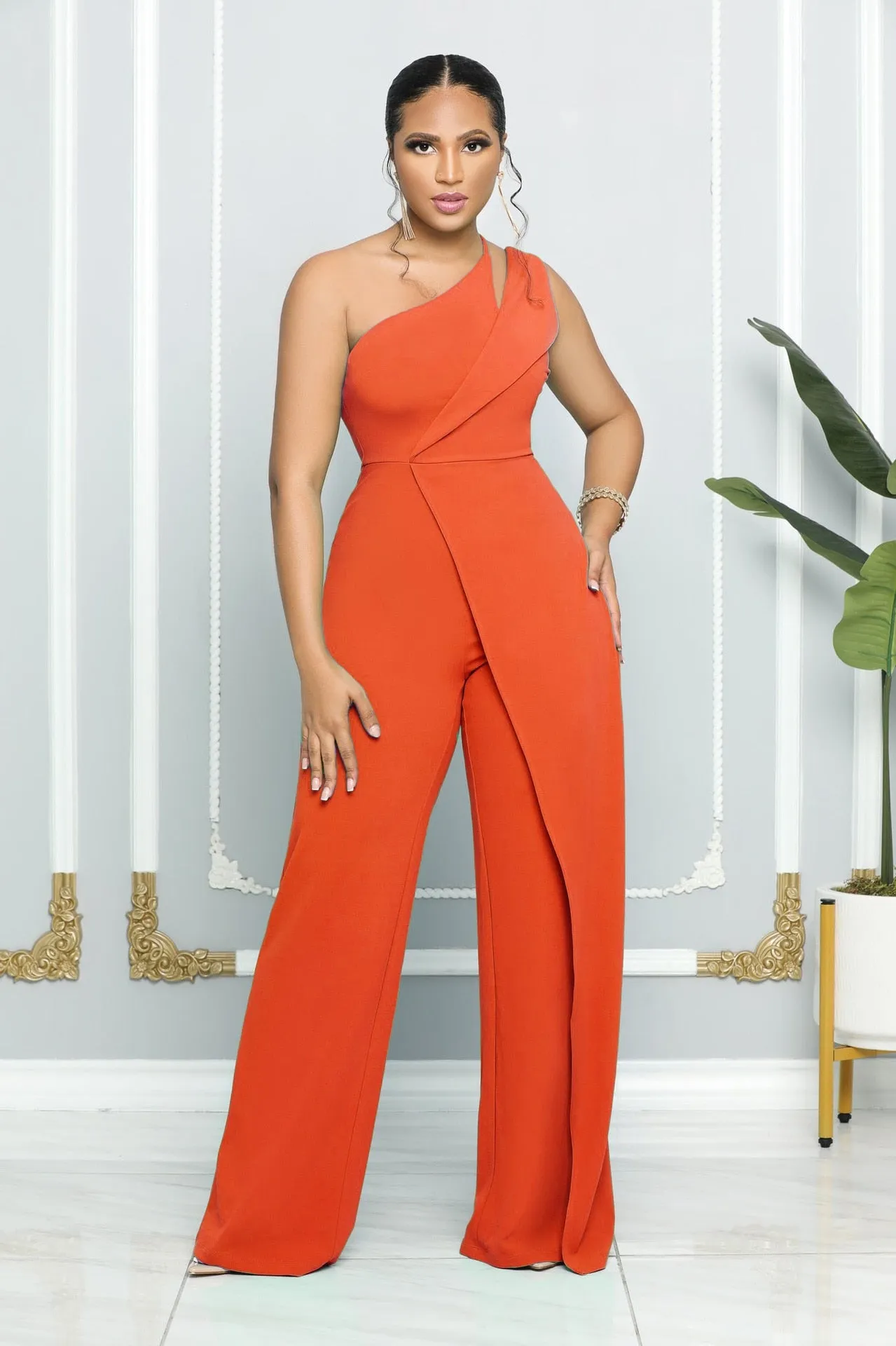 One Shoulder High Waist Elegant Straight Leg Jumpsuit