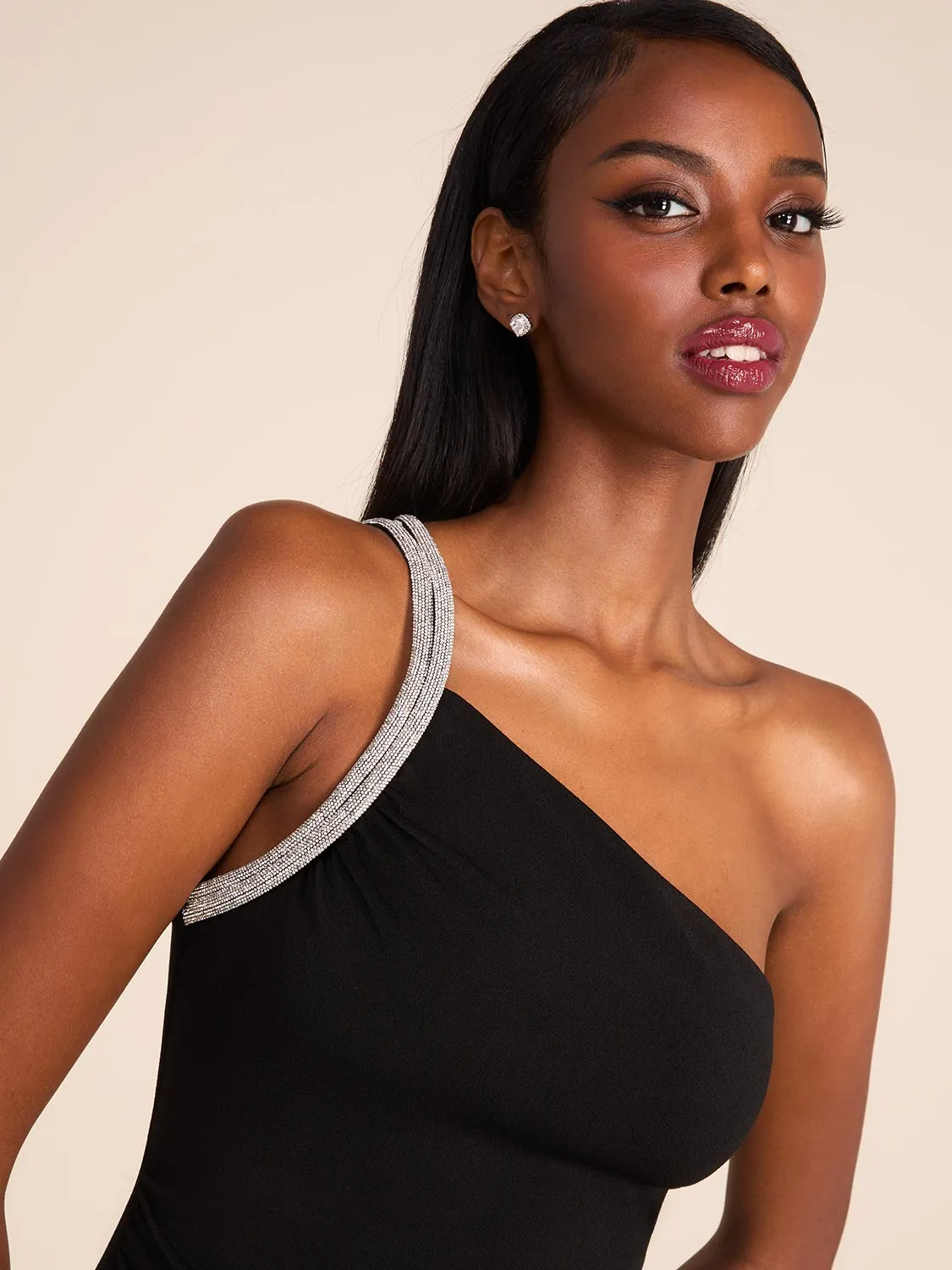 One-Shoulder Midi Dress With Rhinestones