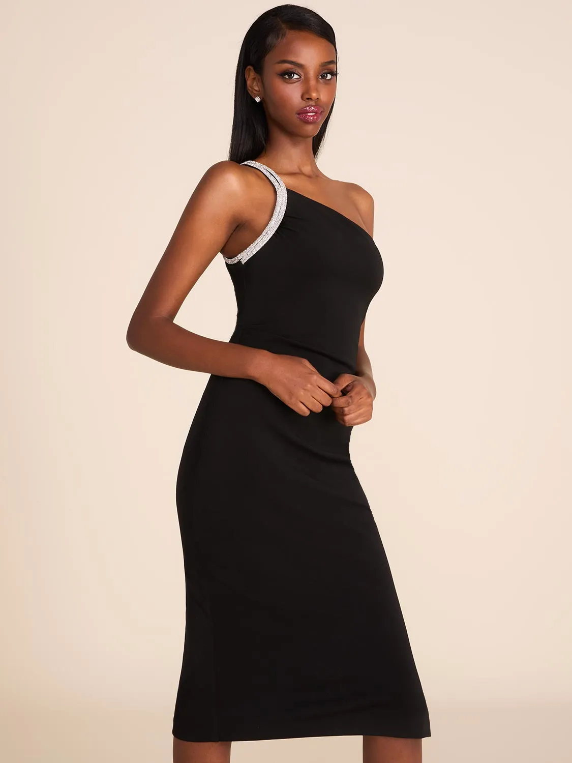 One-Shoulder Midi Dress With Rhinestones