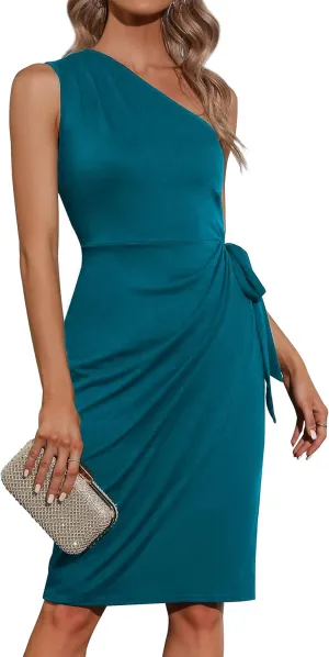 One Shoulder Party Dress for Women Faux Wrap Ruched Sheath Cocktail Wedding Guest Dresses