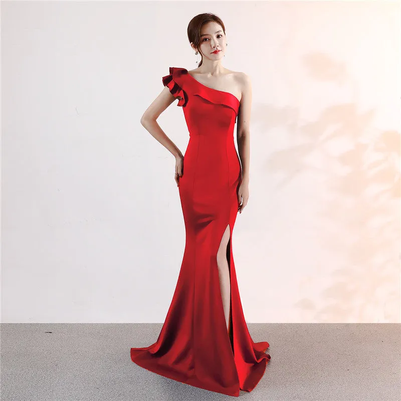 One-shoulder Sleeveless Floor-length  long Party Gowns