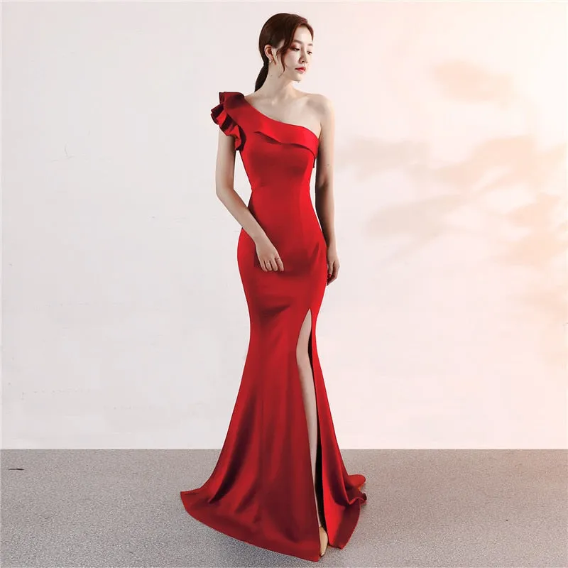 One-shoulder Sleeveless Floor-length  long Party Gowns