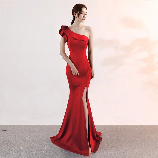 One-shoulder Sleeveless Floor-length  long Party Gowns