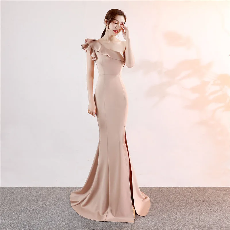 One-shoulder Sleeveless Floor-length  long Party Gowns