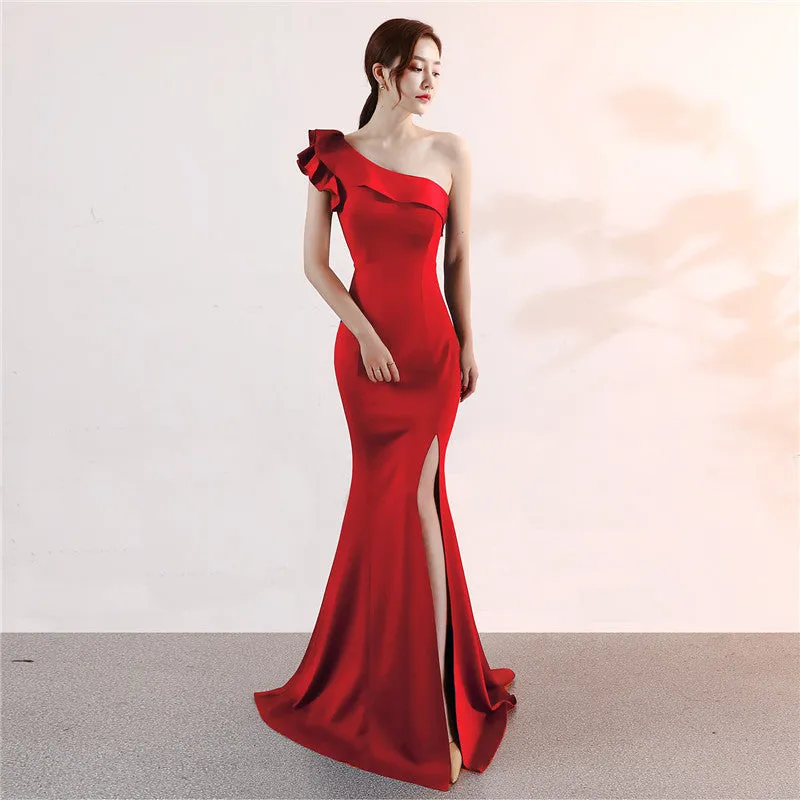 One-shoulder Sleeveless Floor-length  long Party Gowns
