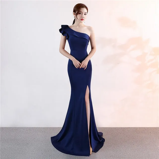 One-shoulder Sleeveless Floor-length  long Party Gowns