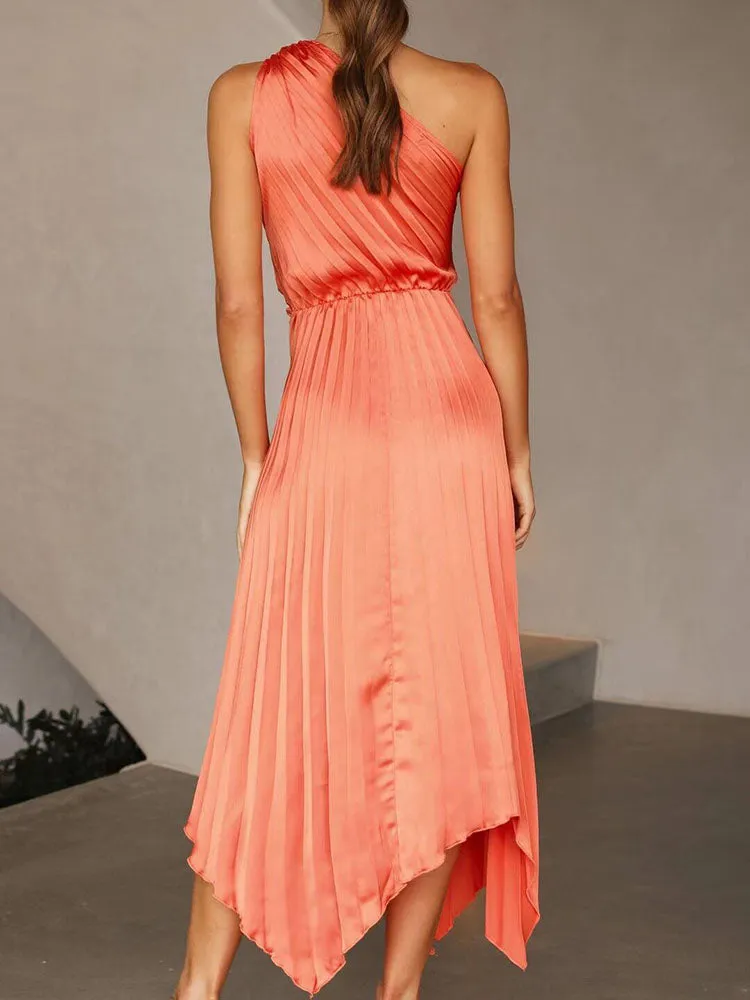 One Shoulder Sleeveless Pleted High Waist Midi Dresses