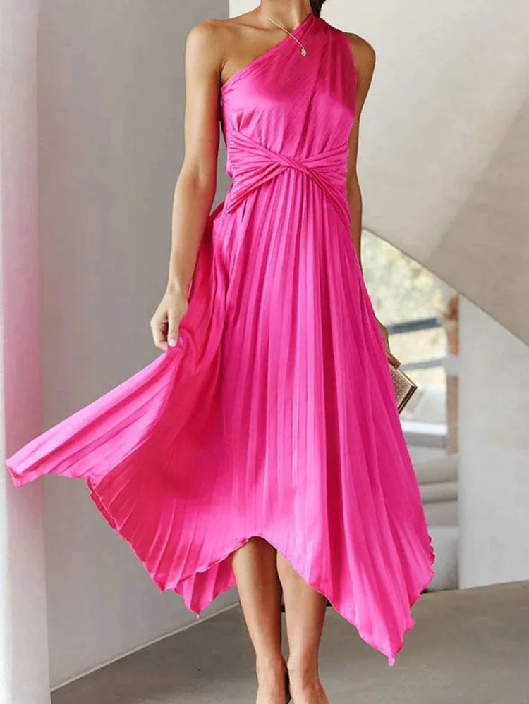 One Shoulder Sleeveless Pleted High Waist Midi Dresses