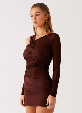 Ophelie Asymmetric Long Sleeve Mini Dress - Chocolate Ophelie Asymmetric Long Sleeve Mini Dress - Chocolate