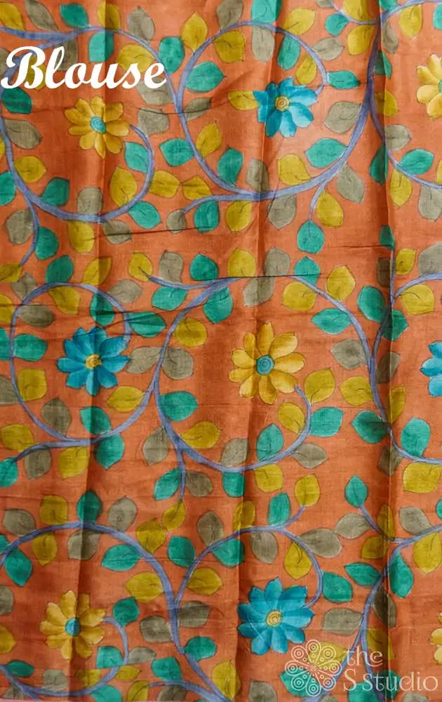 Orange chanderi tissue silk saree with kalamkari blouse