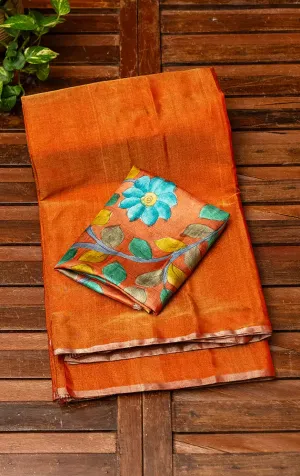Orange chanderi tissue silk saree with kalamkari blouse