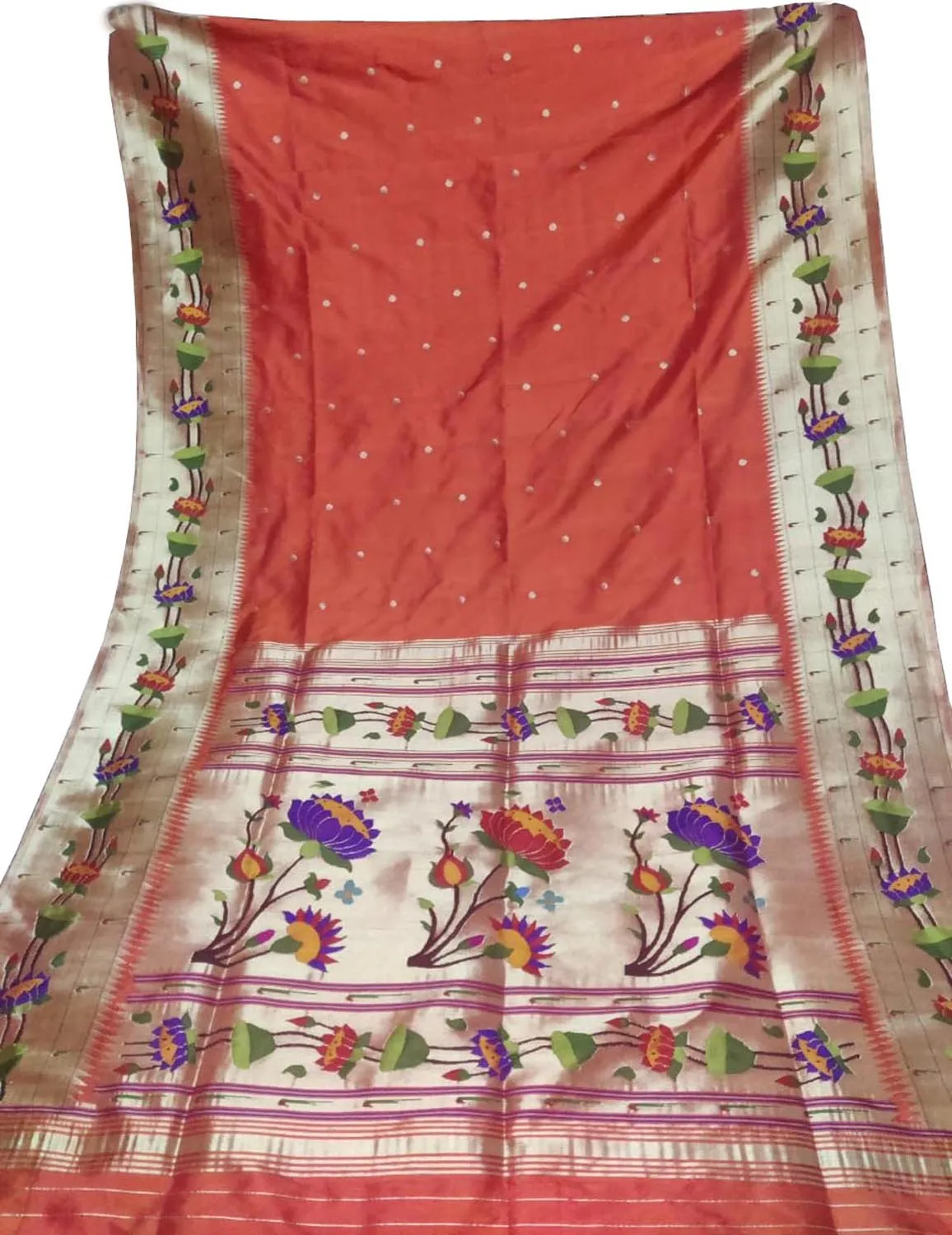 Orange Paithani Handloom Silk Saree with Lotus Border
