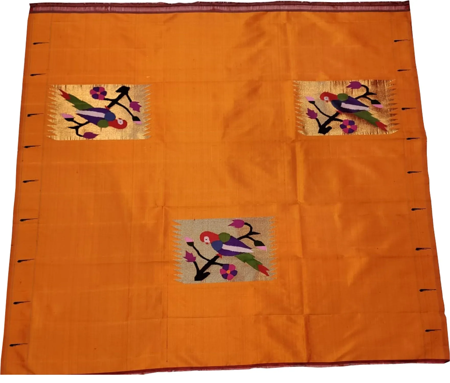 Orange Paithani Pure Silk Blouse Fabric - Handloom Pure