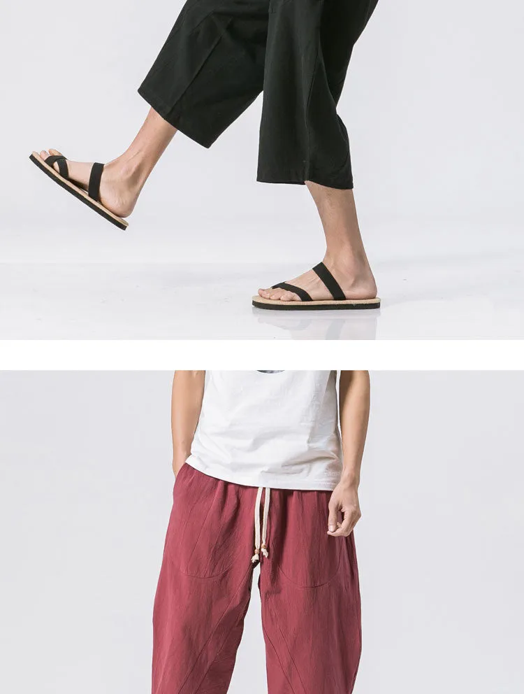 Oriental Flaxen Pants Loose Plus Size Wide-legged Cotton Blend Casual Cropped Men Pants