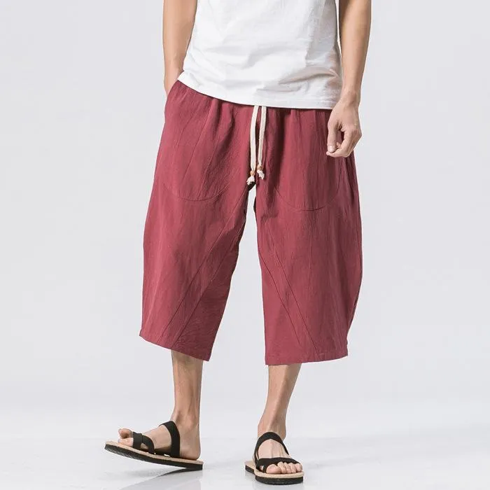 Oriental Flaxen Pants Loose Plus Size Wide-legged Cotton Blend Casual Cropped Men Pants