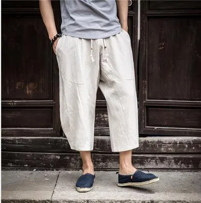 Oriental Flaxen Pants Loose Plus Size Wide-legged Cotton Blend Casual Cropped Men Pants