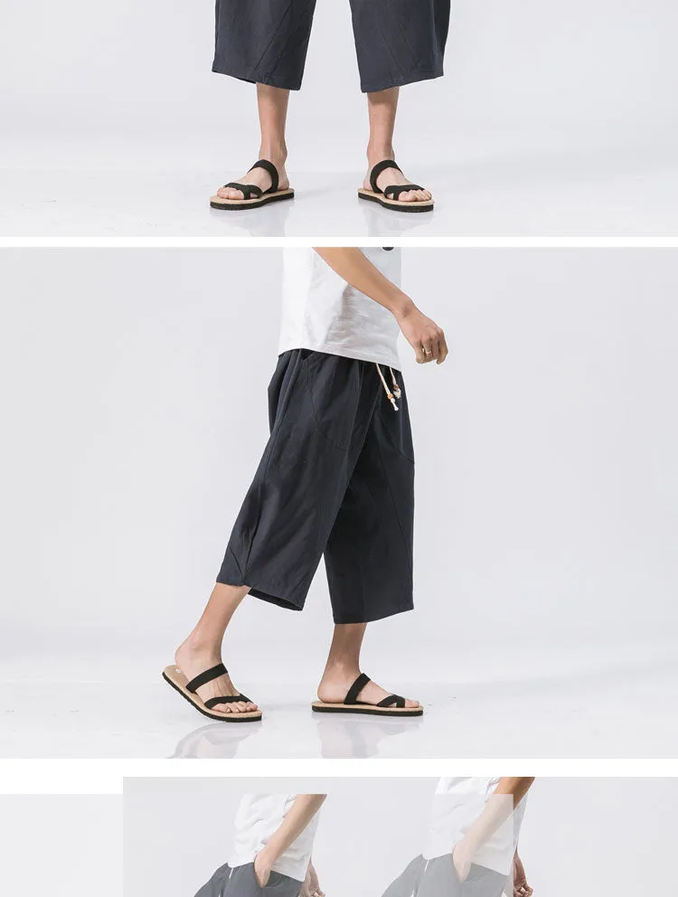 Oriental Flaxen Pants Loose Plus Size Wide-legged Cotton Blend Casual Cropped Men Pants