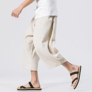 Oriental Flaxen Pants Loose Plus Size Wide-legged Cotton Blend Casual Cropped Men Pants