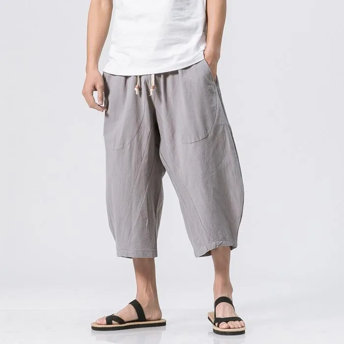 Oriental Flaxen Pants Loose Plus Size Wide-legged Cotton Blend Casual Cropped Men Pants