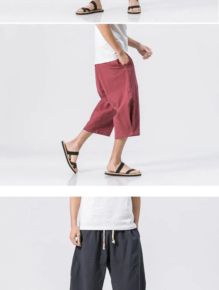 Oriental Flaxen Pants Loose Plus Size Wide-legged Cotton Blend Casual Cropped Men Pants