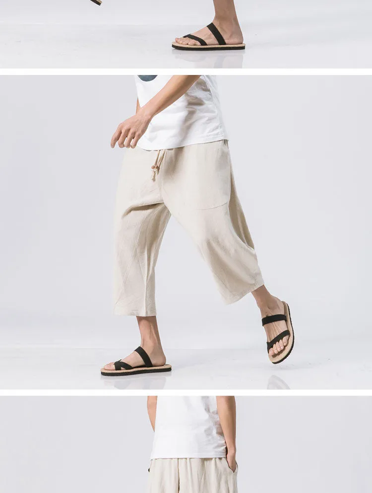 Oriental Flaxen Pants Loose Plus Size Wide-legged Cotton Blend Casual Cropped Men Pants
