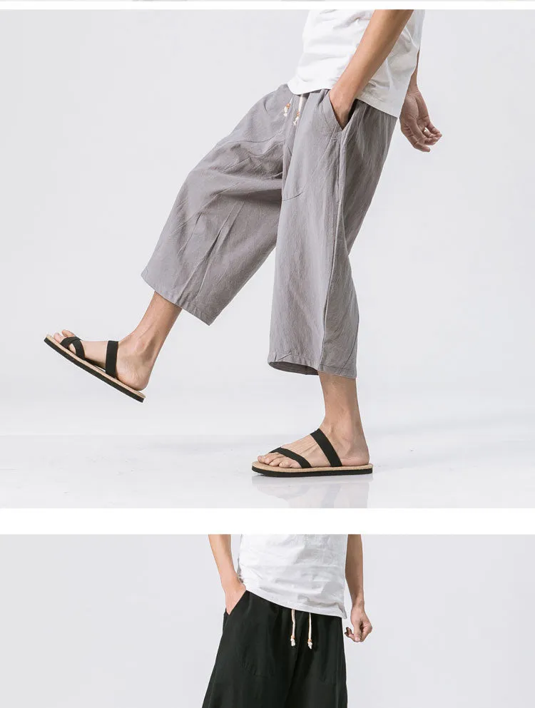 Oriental Flaxen Pants Loose Plus Size Wide-legged Cotton Blend Casual Cropped Men Pants