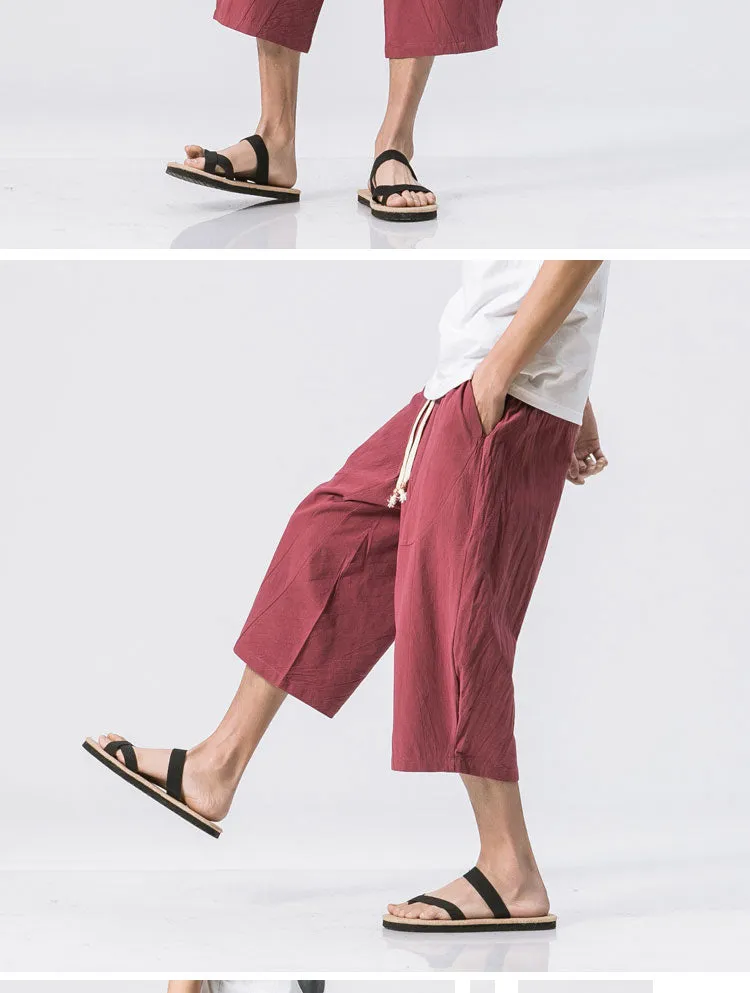 Oriental Flaxen Pants Loose Plus Size Wide-legged Cotton Blend Casual Cropped Men Pants