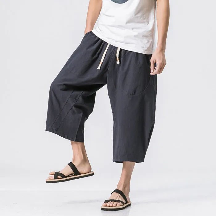Oriental Flaxen Pants Loose Plus Size Wide-legged Cotton Blend Casual Cropped Men Pants