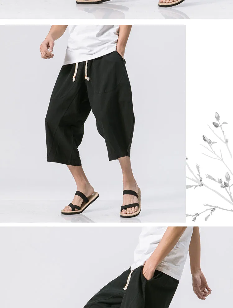 Oriental Flaxen Pants Loose Plus Size Wide-legged Cotton Blend Casual Cropped Men Pants