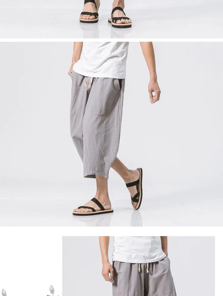 Oriental Flaxen Pants Loose Plus Size Wide-legged Cotton Blend Casual Cropped Men Pants