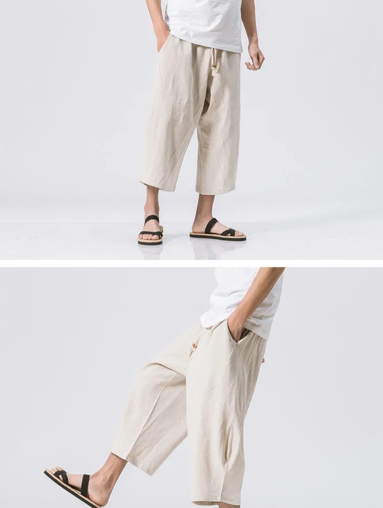 Oriental Flaxen Pants Loose Plus Size Wide-legged Cotton Blend Casual Cropped Men Pants