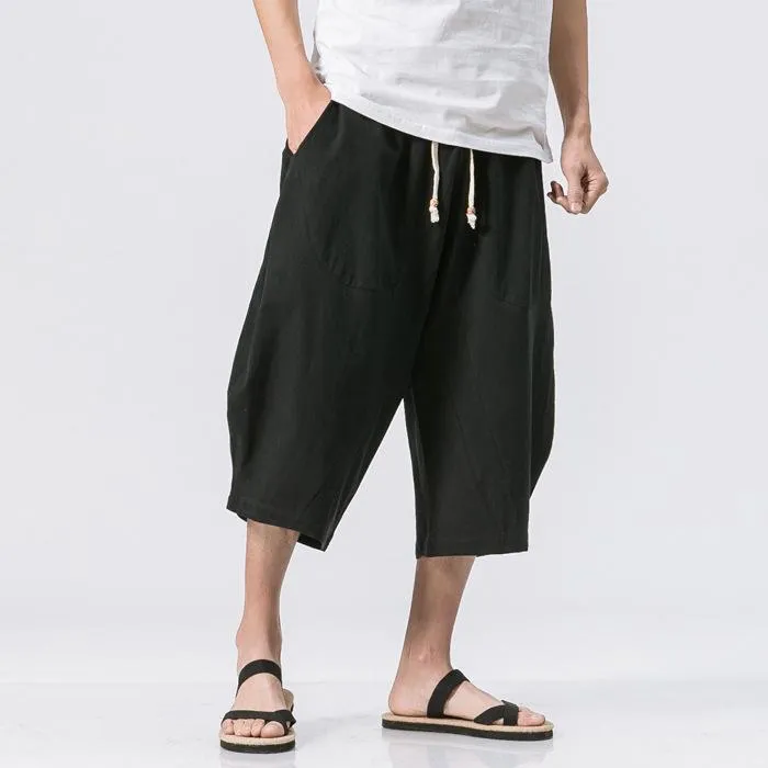 Oriental Flaxen Pants Loose Plus Size Wide-legged Cotton Blend Casual Cropped Men Pants