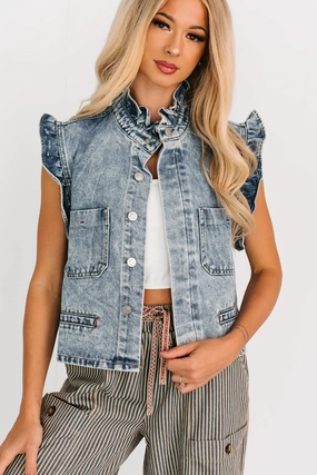 Our Last Dance Ruffle Denim Vest Top (Light Denim) Our Last Dance Ruffle Denim Vest Top (Light Denim)