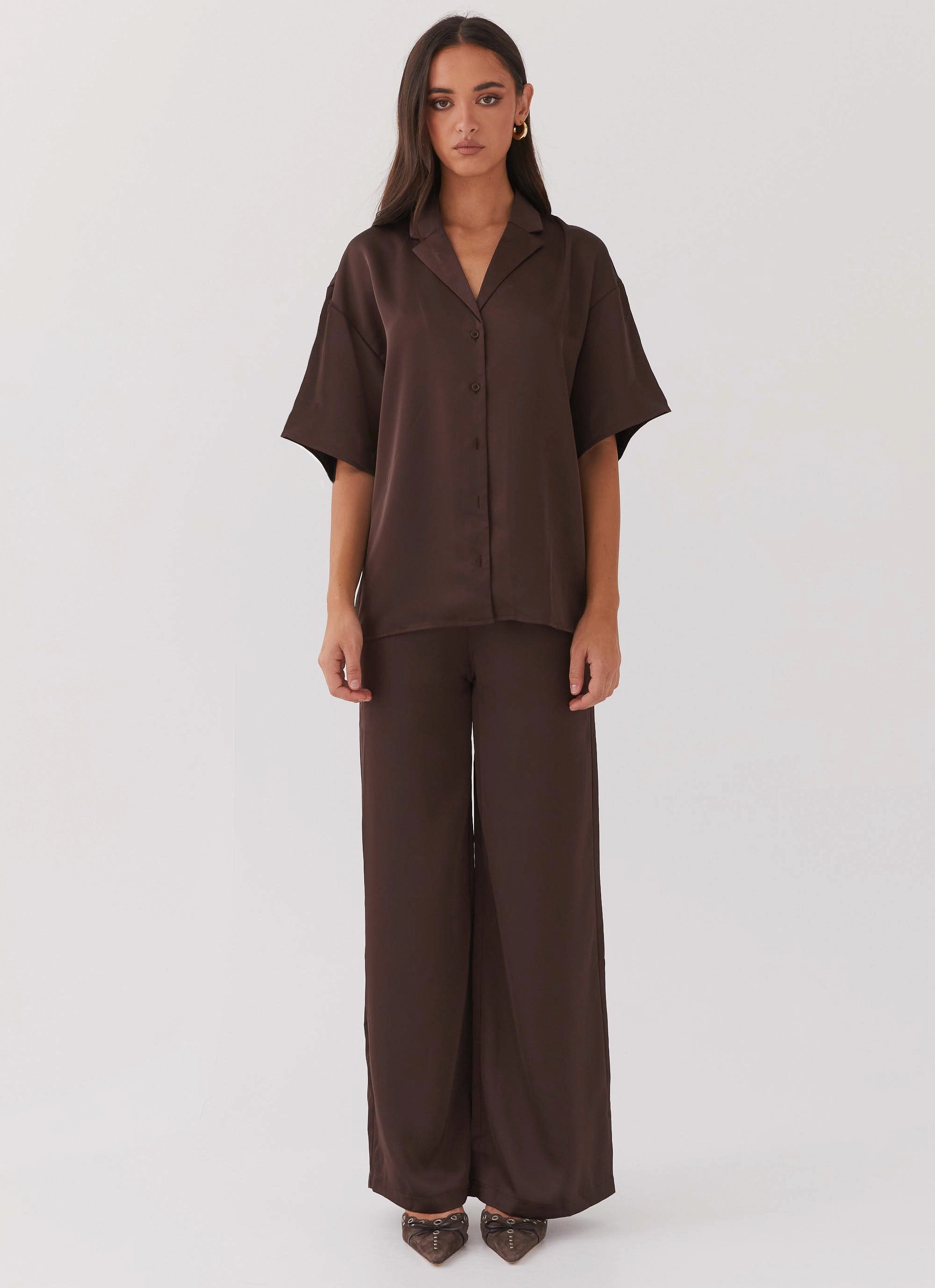 Palm Cove Satin Shirt - Chocolate