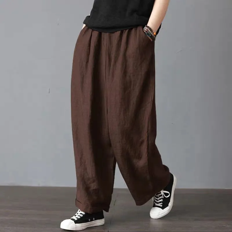 Pants Women Cotton Blend Thin Loose Plus Size Casual Line Wide Leg Long Pants