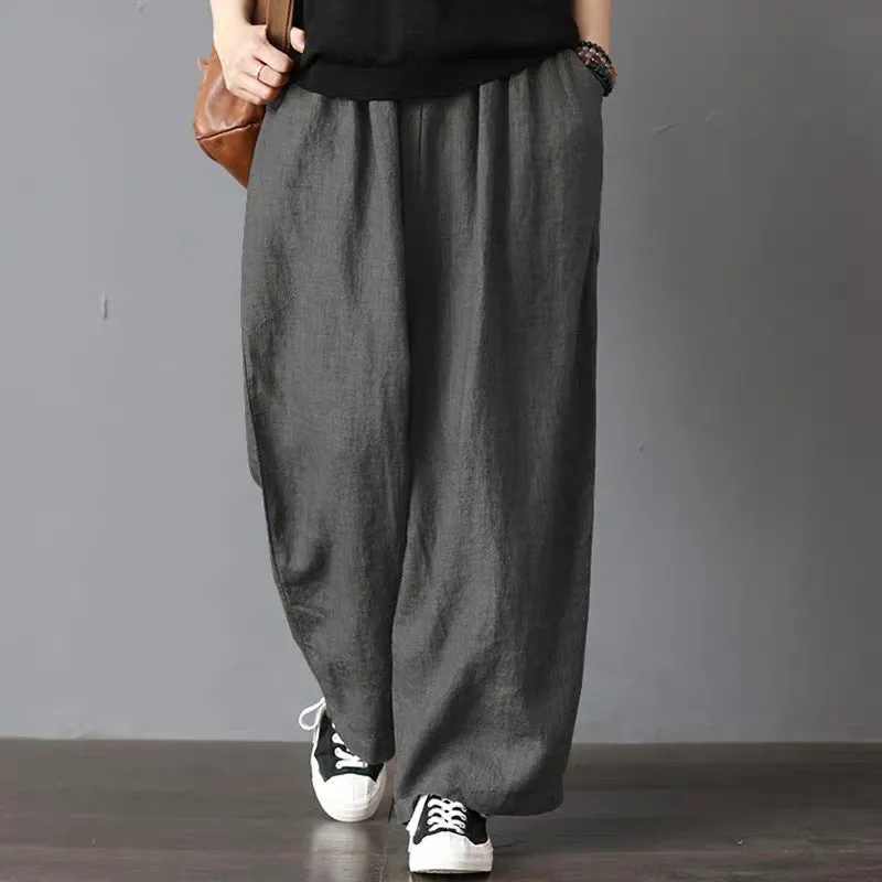 Pants Women Cotton Blend Thin Loose Plus Size Casual Line Wide Leg Long Pants
