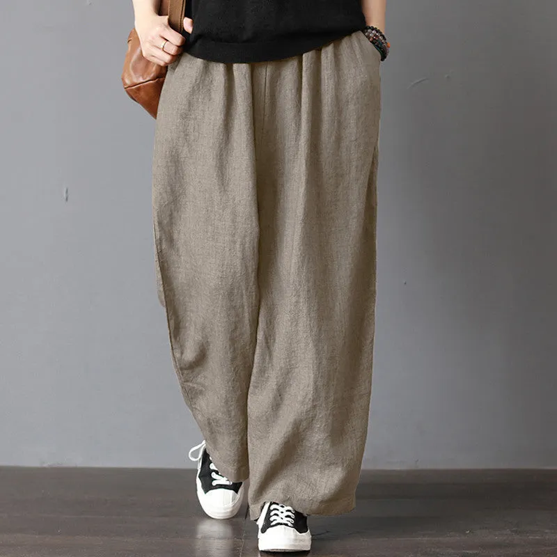 Pants Women Cotton Blend Thin Loose Plus Size Casual Line Wide Leg Long Pants