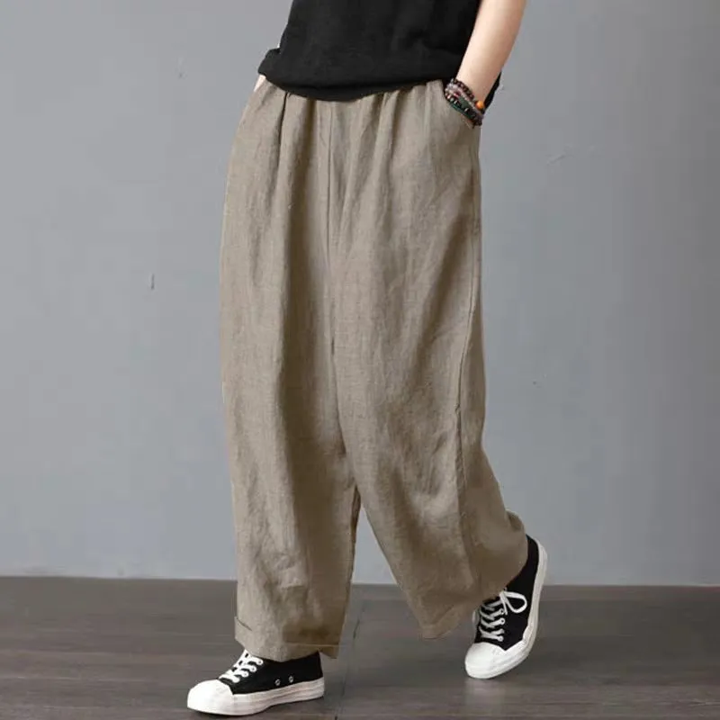Pants Women Cotton Blend Thin Loose Plus Size Casual Line Wide Leg Long Pants