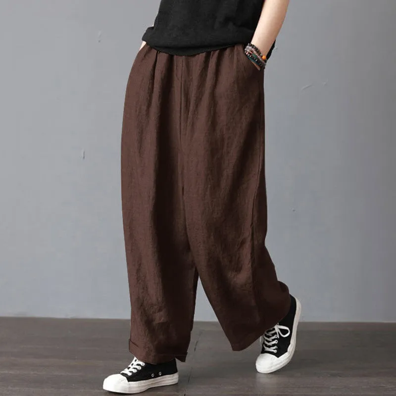 Pants Women Cotton Blend Thin Loose Plus Size Casual Line Wide Leg Long Pants