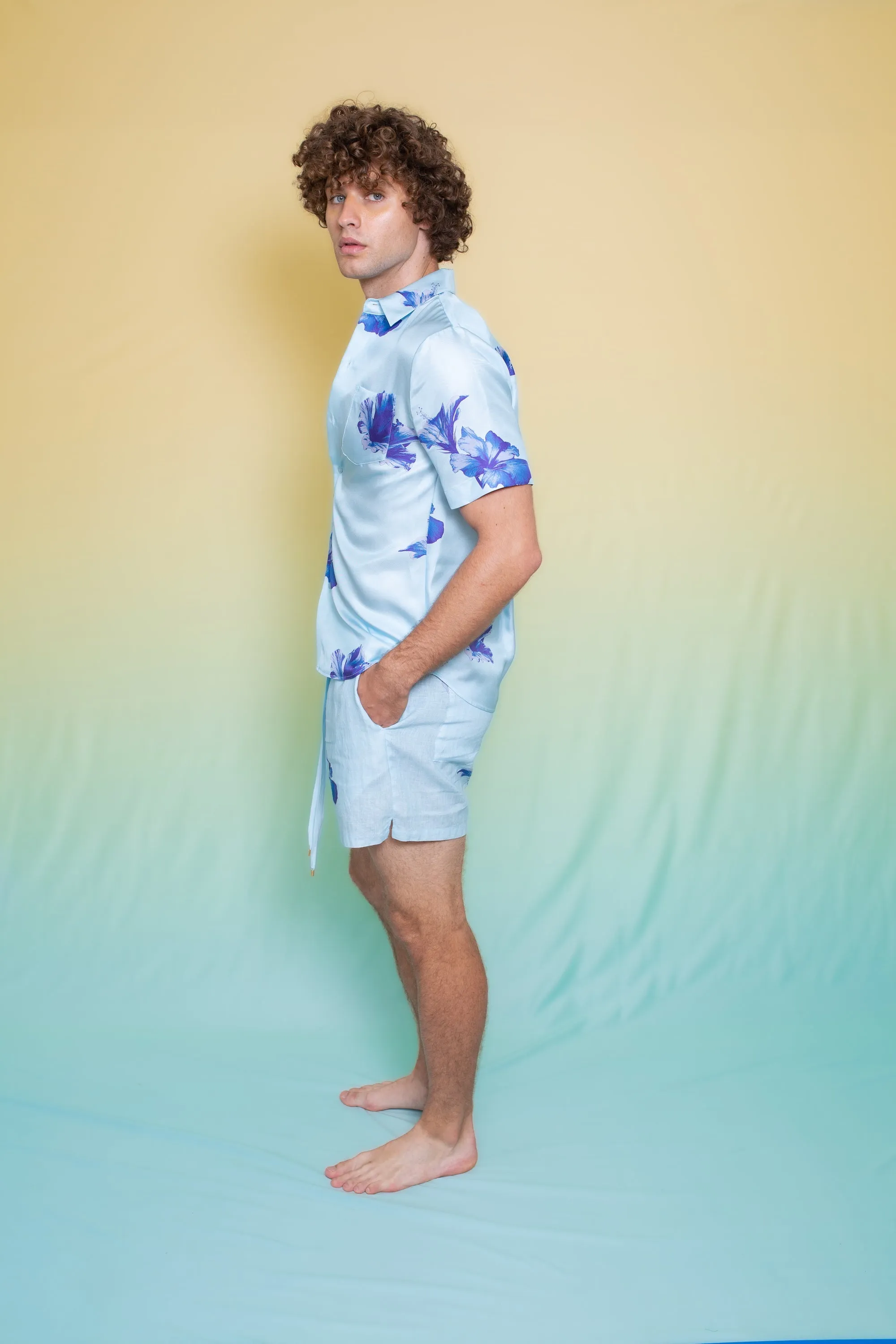 Paolo Linen Short Pale Blue Hawaii Man