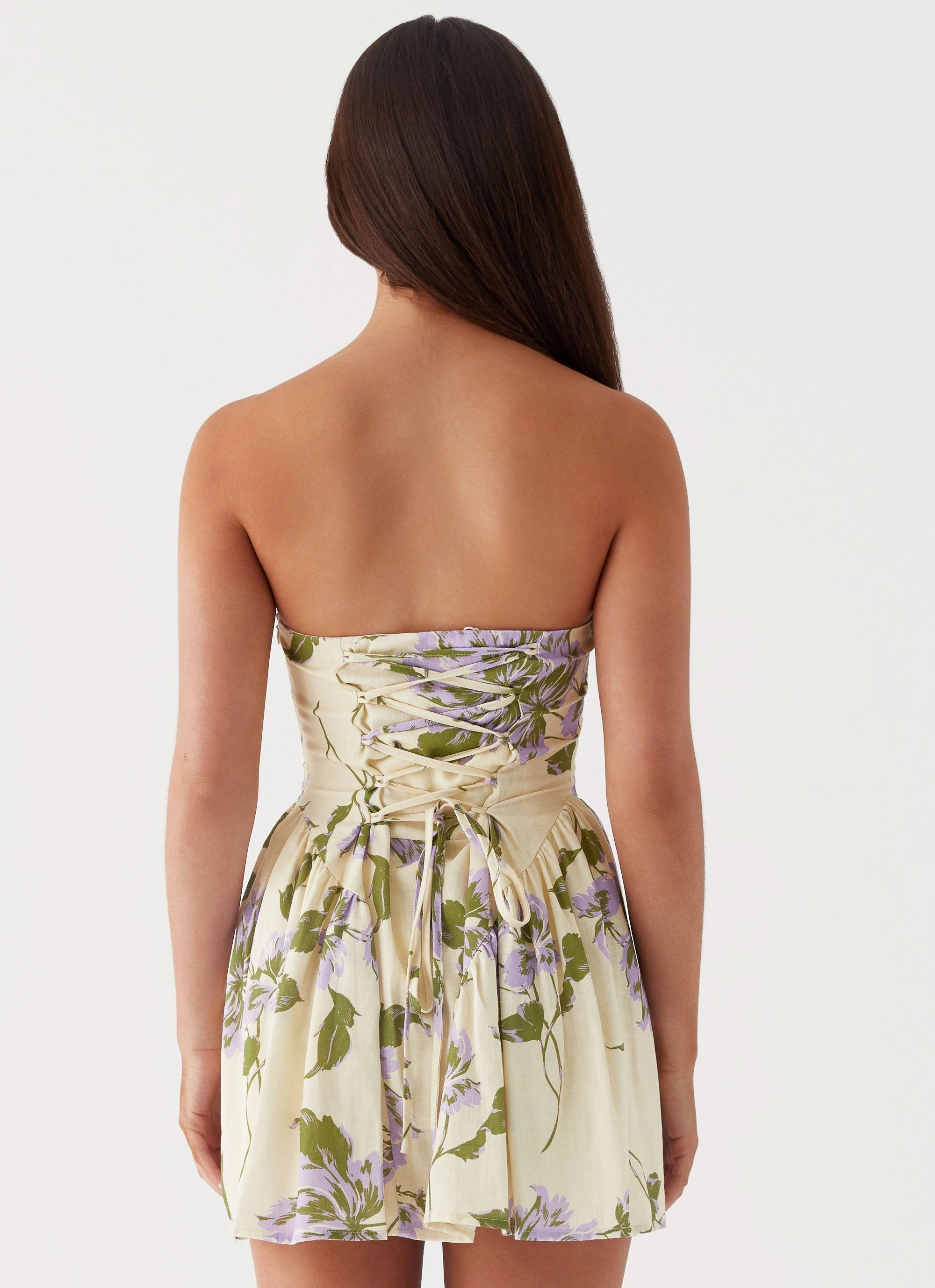 Pardon My French Linen Mini Dress - Yellow Purple Floral