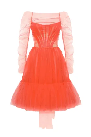 Passion Strapless Tulle mini dress in red coral color