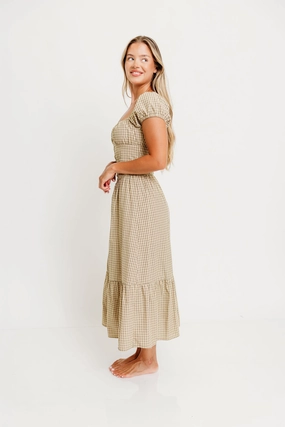 Paulette Plaid Ruffled Hem Maxi Dress in Beige Paulette Plaid Ruffled Hem Maxi Dress in Beige